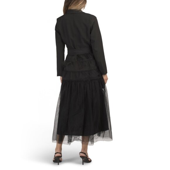 DALIA MACPHEE Black Long Sleeve Jacket Twofer Maxi Dress With Tulle Skirt - Picture 2 of 2